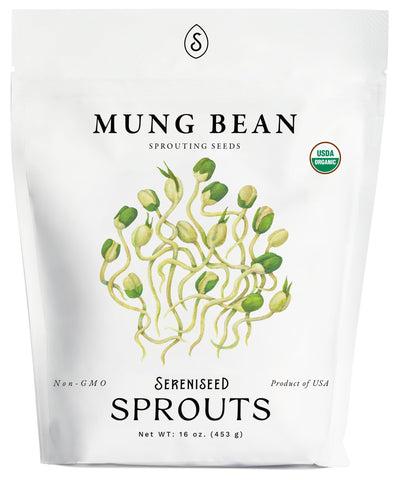 Sereniseed envase frontal de semillas de mungo con información y beneficio de germinación