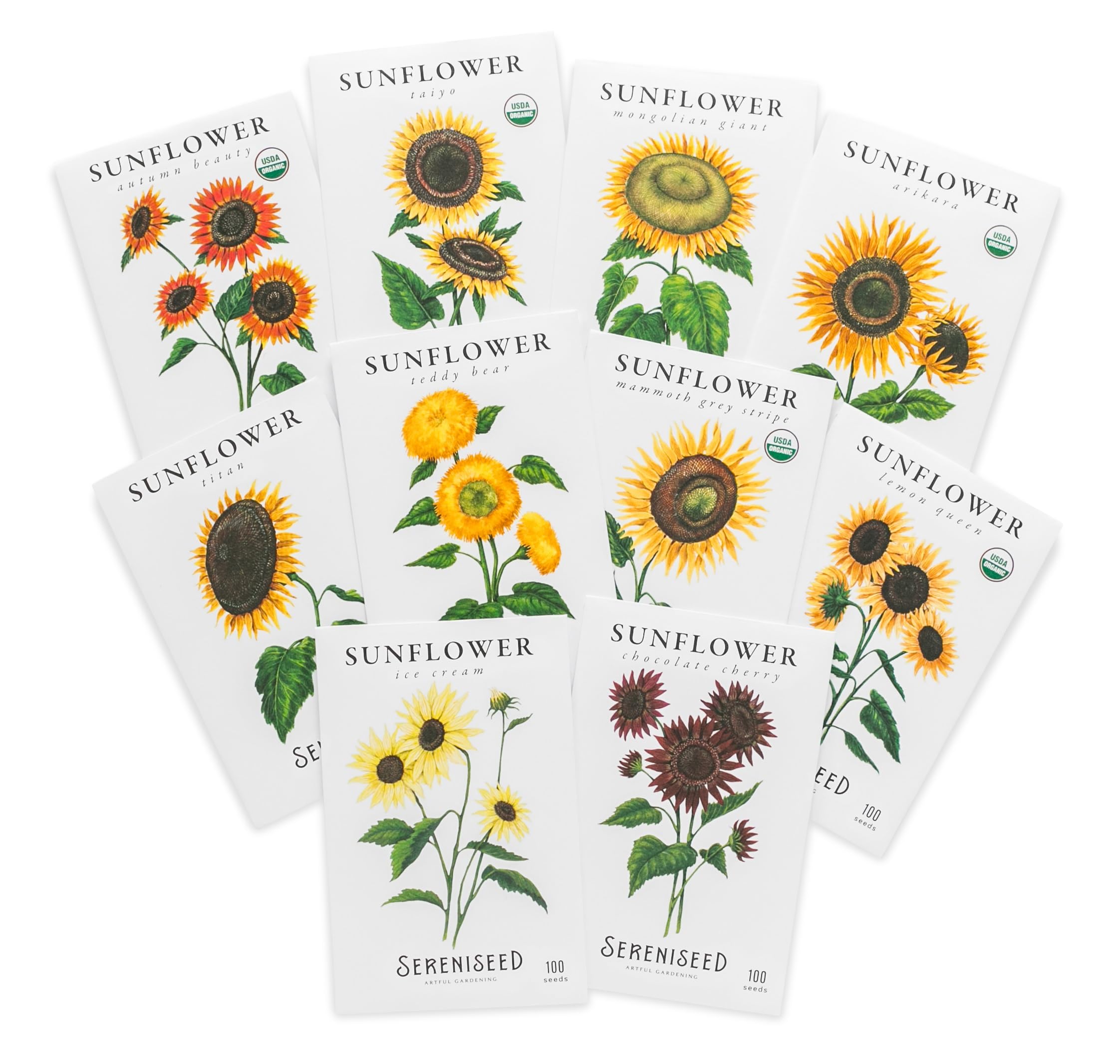 Sereniseed paquete frontal mostrando diez variedades y beneficios de diversidad