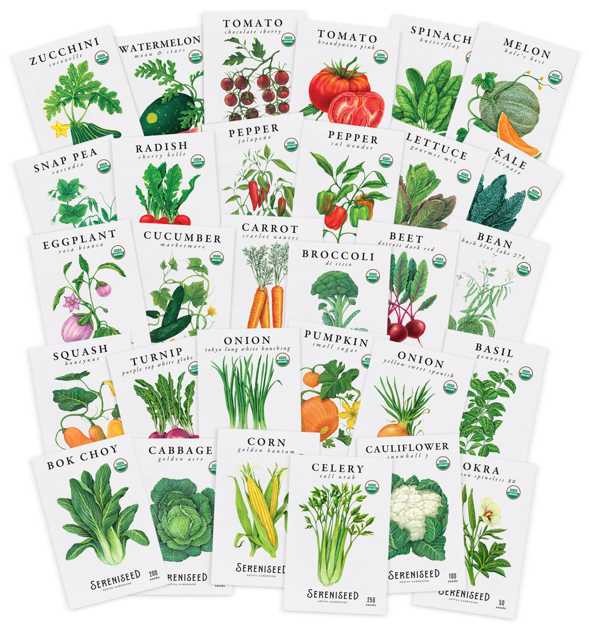 Sereniseed paquete frontal mostrando etiquetas y variedad, beneficios de organización