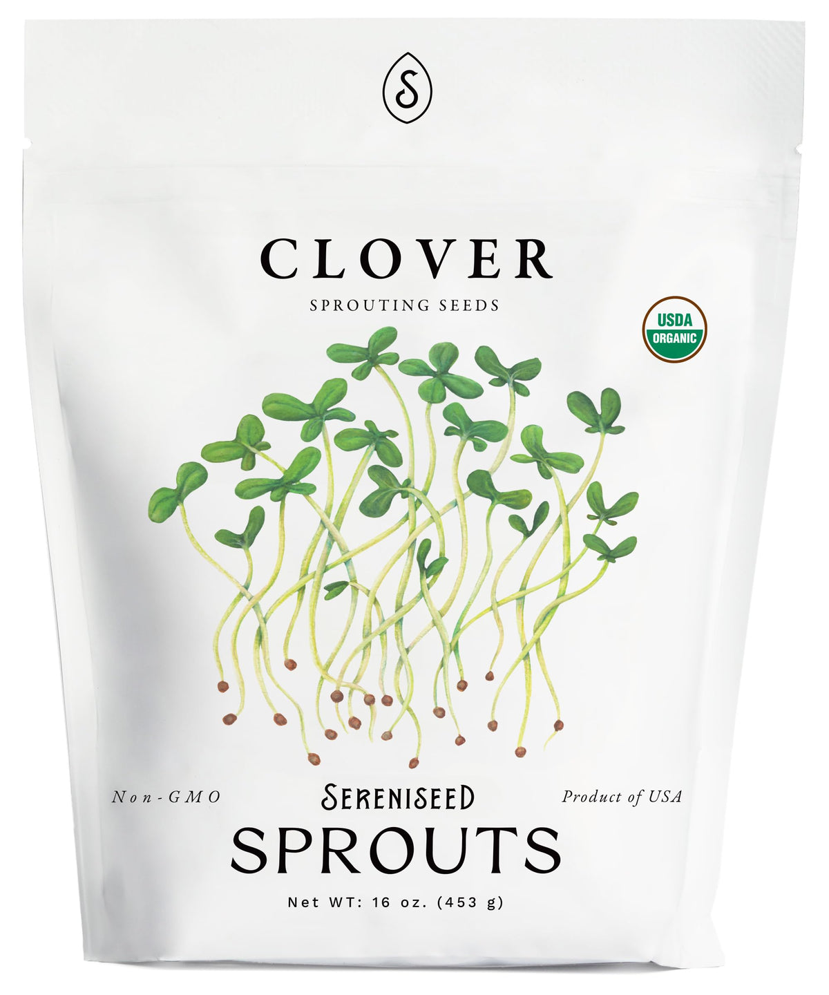 Sereniseed paquete de trébol rojo orgánico 16 oz mostrando etiqueta y certificaciones