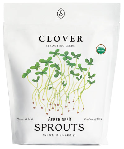 Sereniseed paquete de trébol rojo orgánico 16 oz mostrando etiqueta y certificaciones