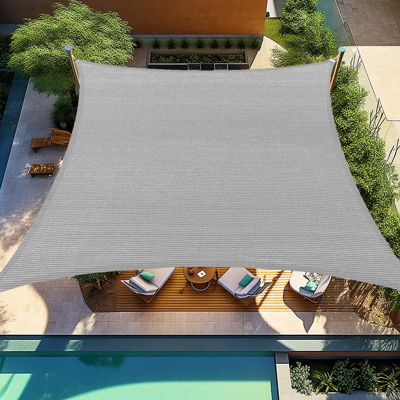 Shade&Beyond vela frontal 12x12 gris claro mostrando protección solar