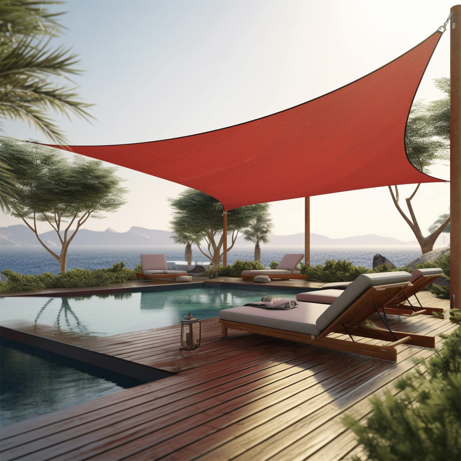 Shade&Beyond vista frontal del toldo rust red mostrando sombra amplia
