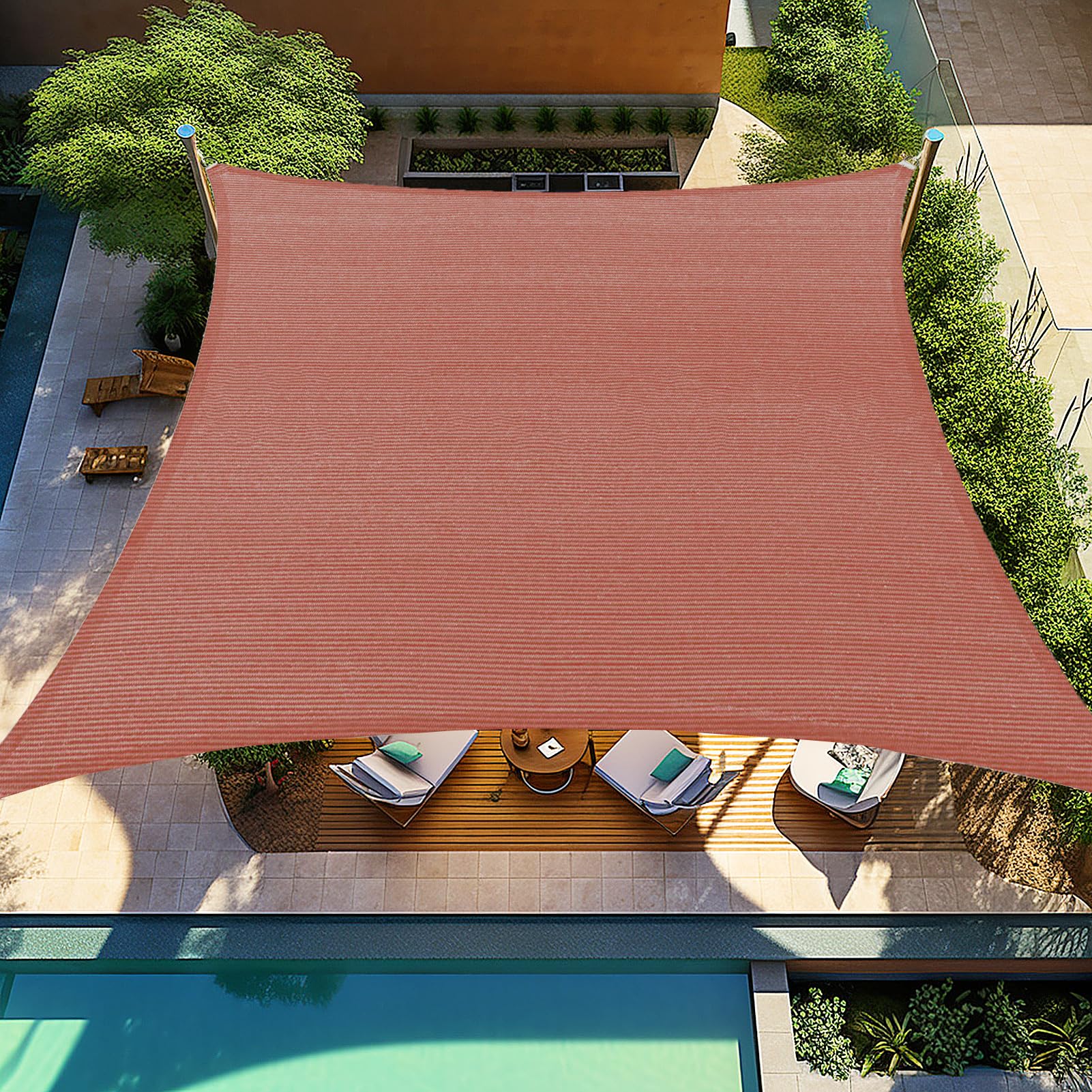 Shade&Beyond vista frontal de la vela 16'x20' mostrando cobertura y color rust red