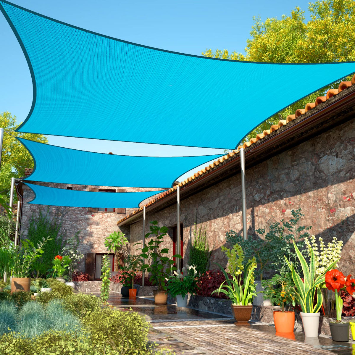 ShadeMart vista frontal del toldo rectangular mostrando cobertura y color turquesa