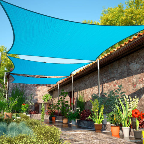 ShadeMart vista frontal del toldo rectangular mostrando cobertura y color turquesa
