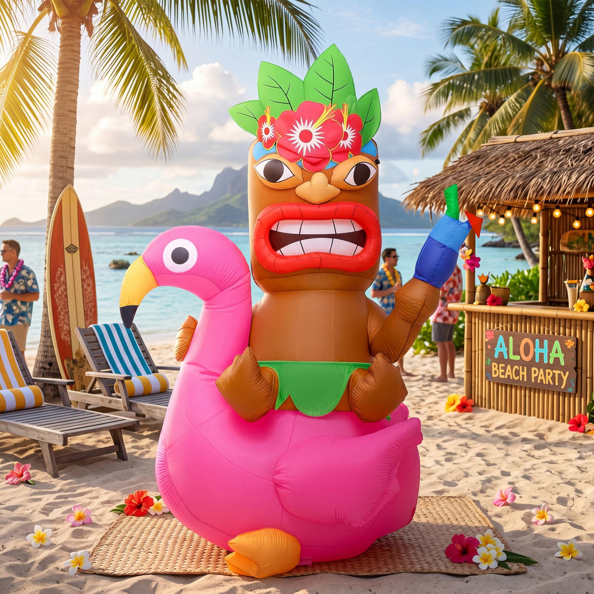 Shappy vista frontal del inflable Tiki y flamenco, gran impacto visual