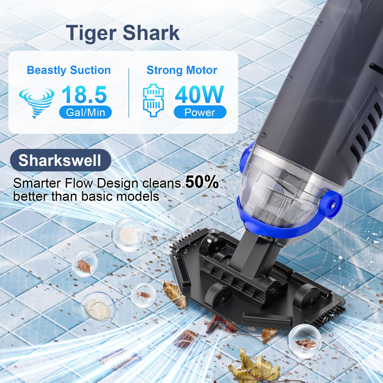 Sharkswell detalle del poste telescópico extendido para mayor alcance seguro