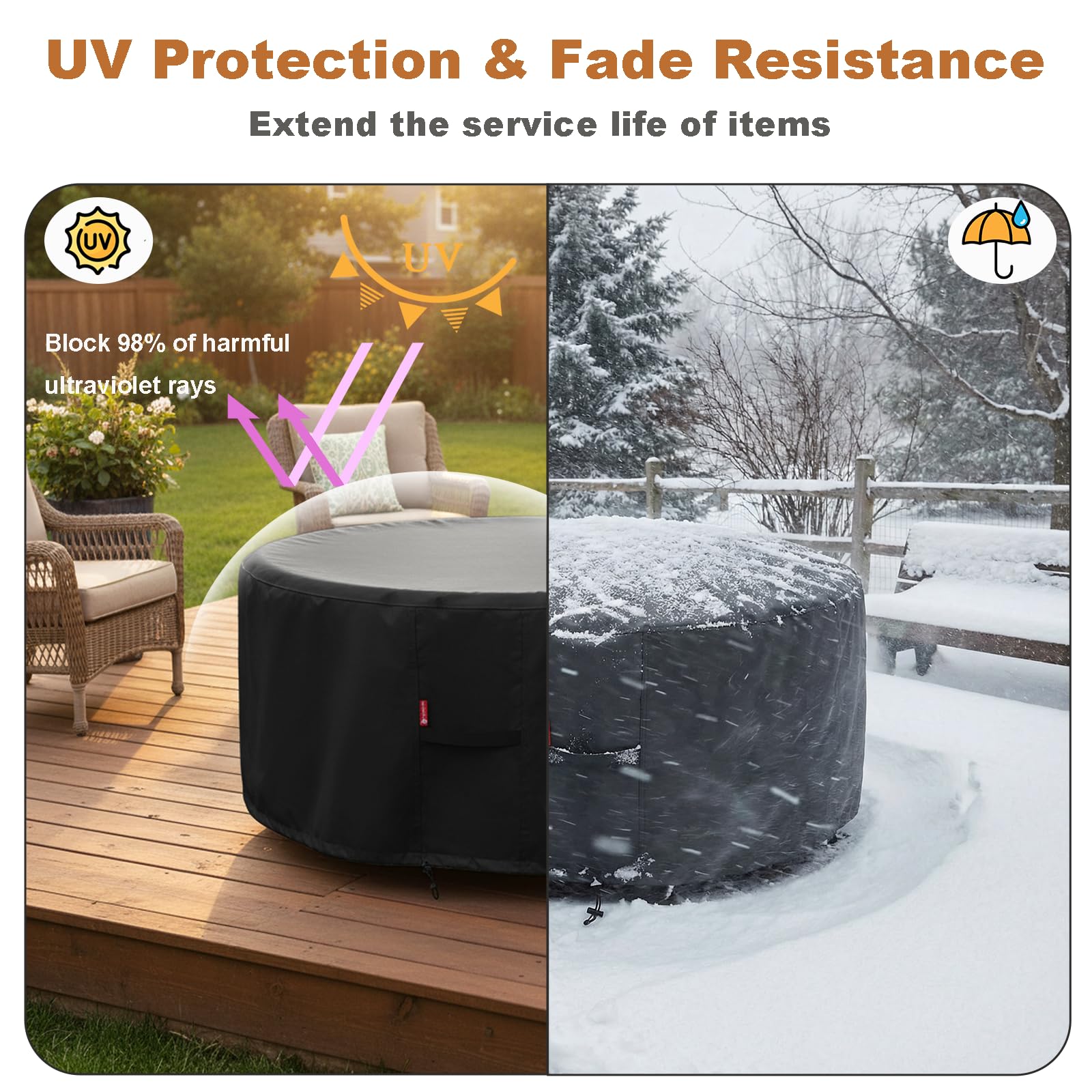 SheeChung funda instalada sobre Solo Stove Yukon en patio, protección exterior