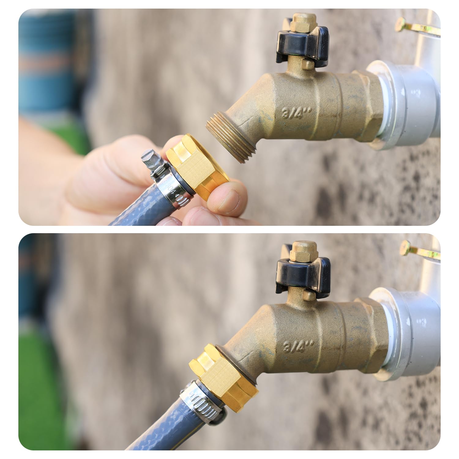 SIGURANTA adaptador en uso conectado a grifo exterior para riego eficaz