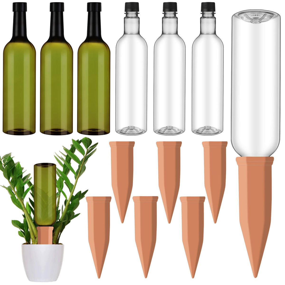 SiliFine vista frontal del set con 6 espigas y 6 botellas, solución práctica de riego