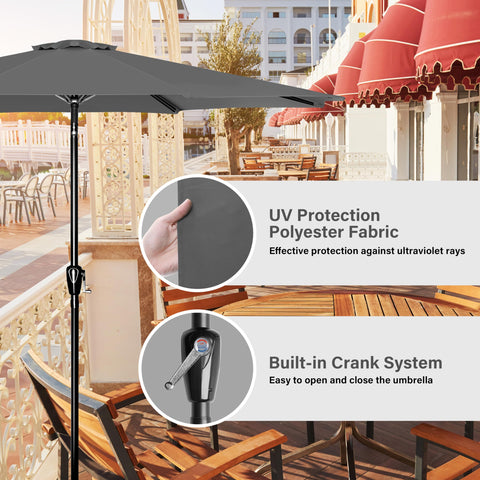 Simple Deluxe sombrilla en uso sobre mesa exterior ideal para reuniones