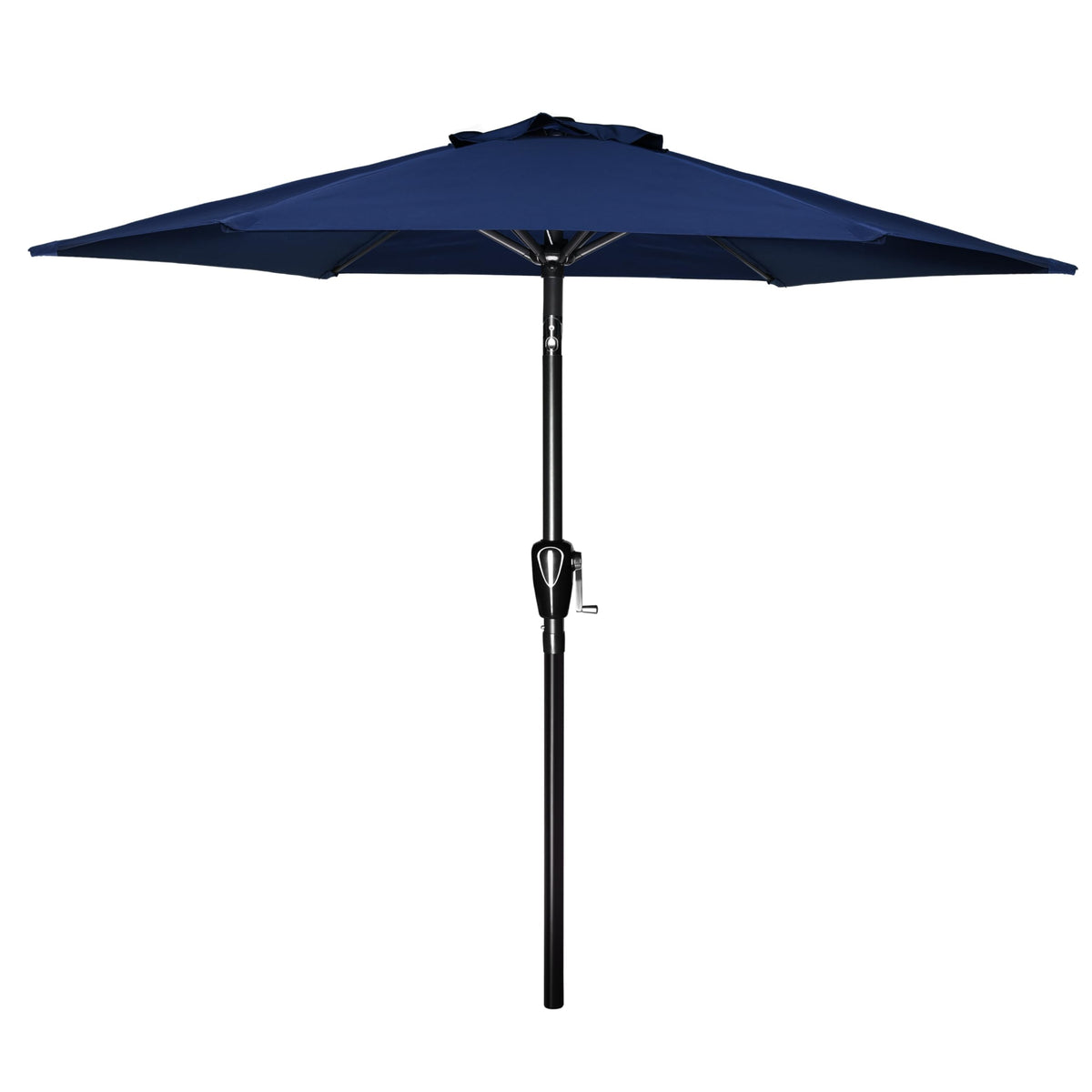 Simple Deluxe vista frontal de la sombrilla azul oscuro protegiendo una mesa