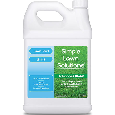 Simple Lawn Solutions envase frontal de 1 galón mostrando la fórmula 16-4-8 y cobertura