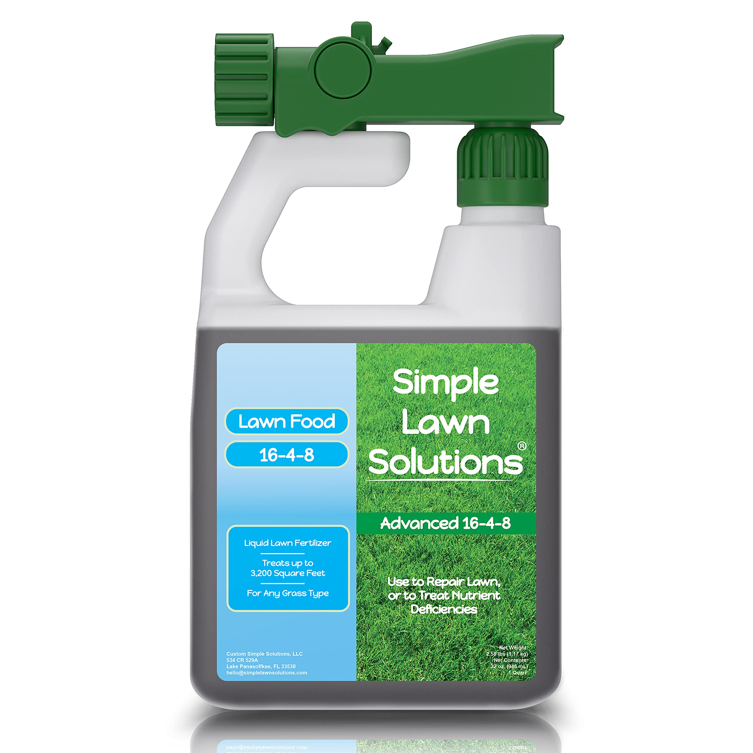 Simple Lawn Solutions botella frontal mostrando etiqueta y volumen beneficios de aplicación clara