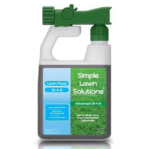 Simple Lawn Solutions botella frontal mostrando etiqueta y volumen beneficios de aplicación clara