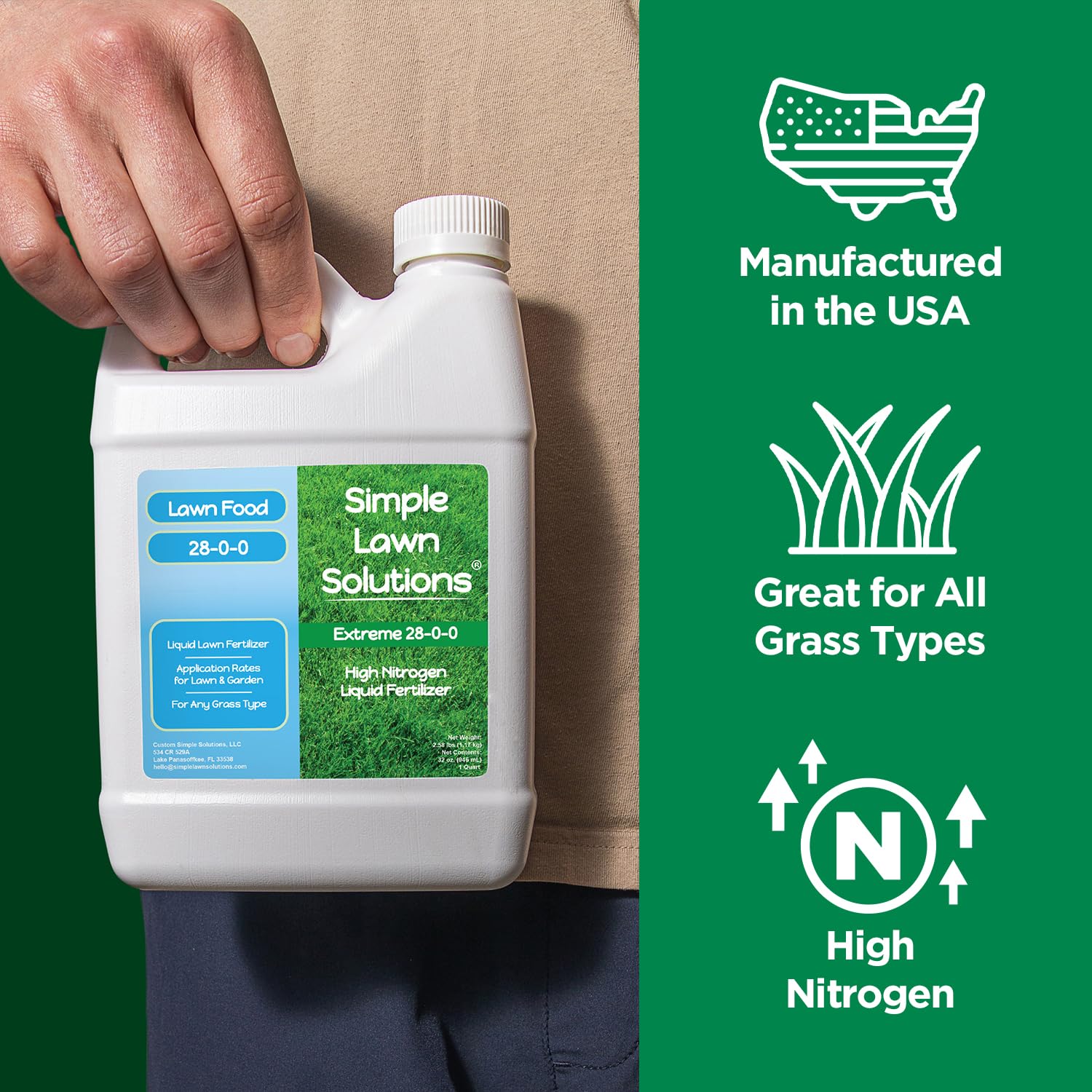Simple Lawn Solutions muestra cobertura estimada 3,200 pies², ayuda a calcular cantidad necesaria