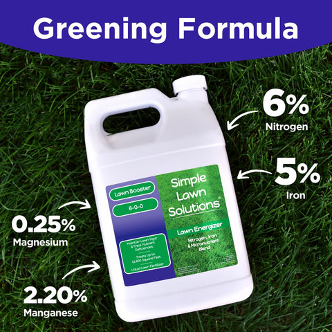 Simple Lawn Solutions galón junto a regla para comparar escala y rendimiento