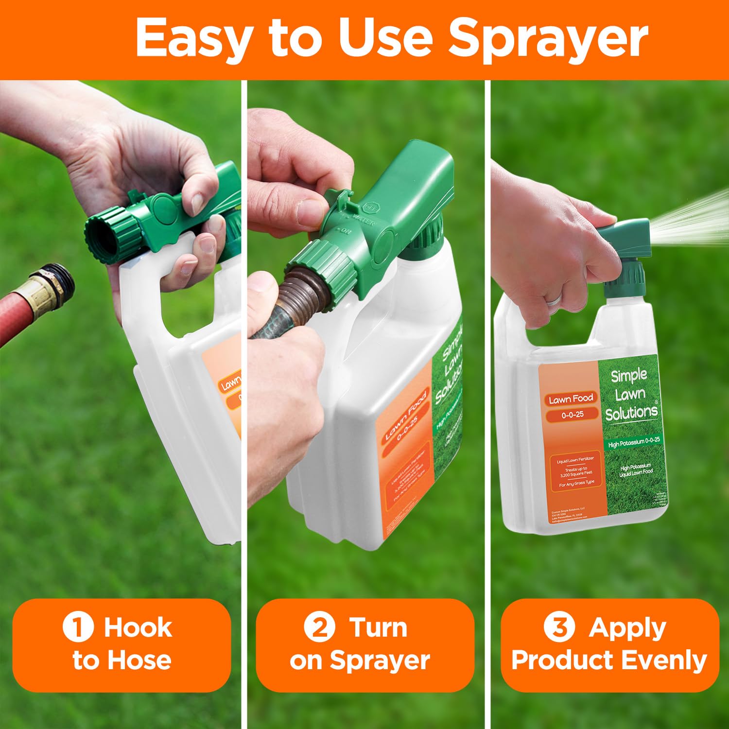 Simple Lawn Solutions frasco al lado de una mano para comparar escala, tamaño práctico