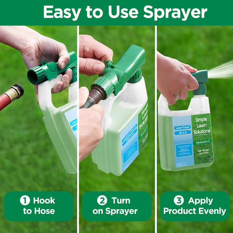 Simple Lawn Solutions botella junto a una mano para comparar tamaño