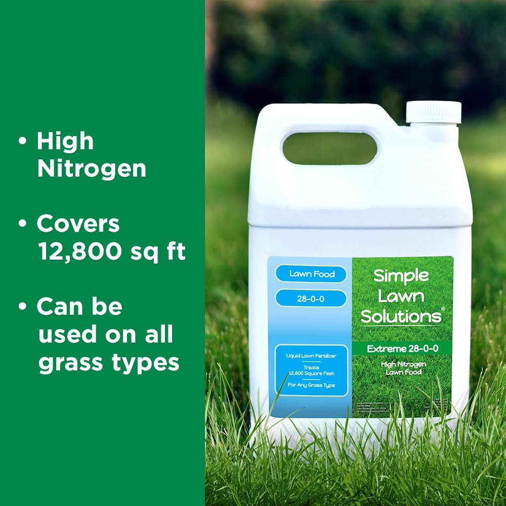 Simple Lawn Solutions galón junto a cinta métrica para escala y cobertura