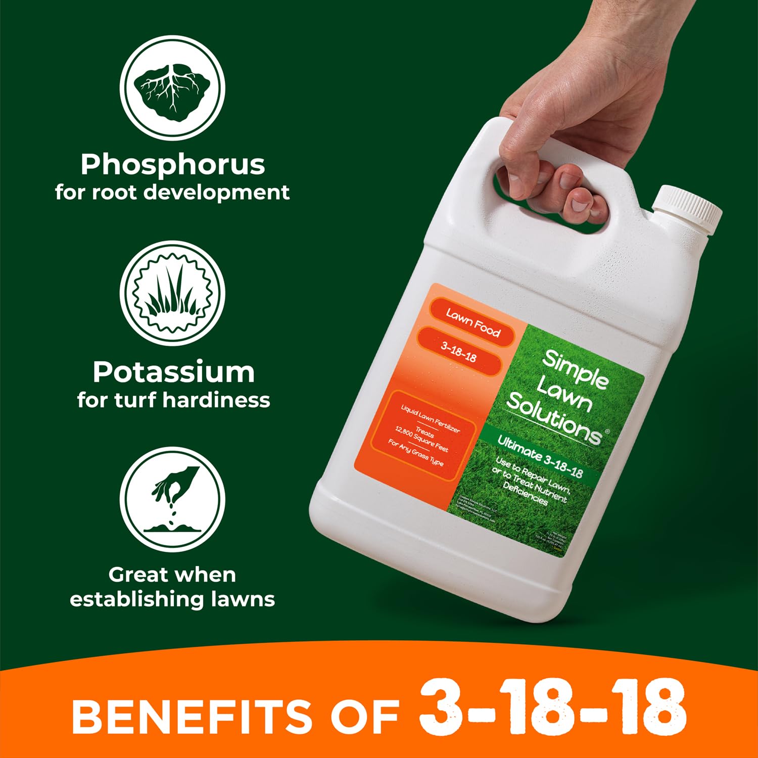 Simple Lawn Solutions etiqueta NPK 3-18-18 destacando fósforo y potasio