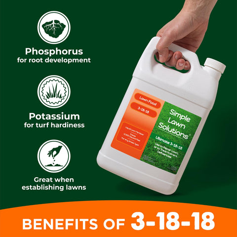 Simple Lawn Solutions etiqueta NPK 3-18-18 destacando fósforo y potasio