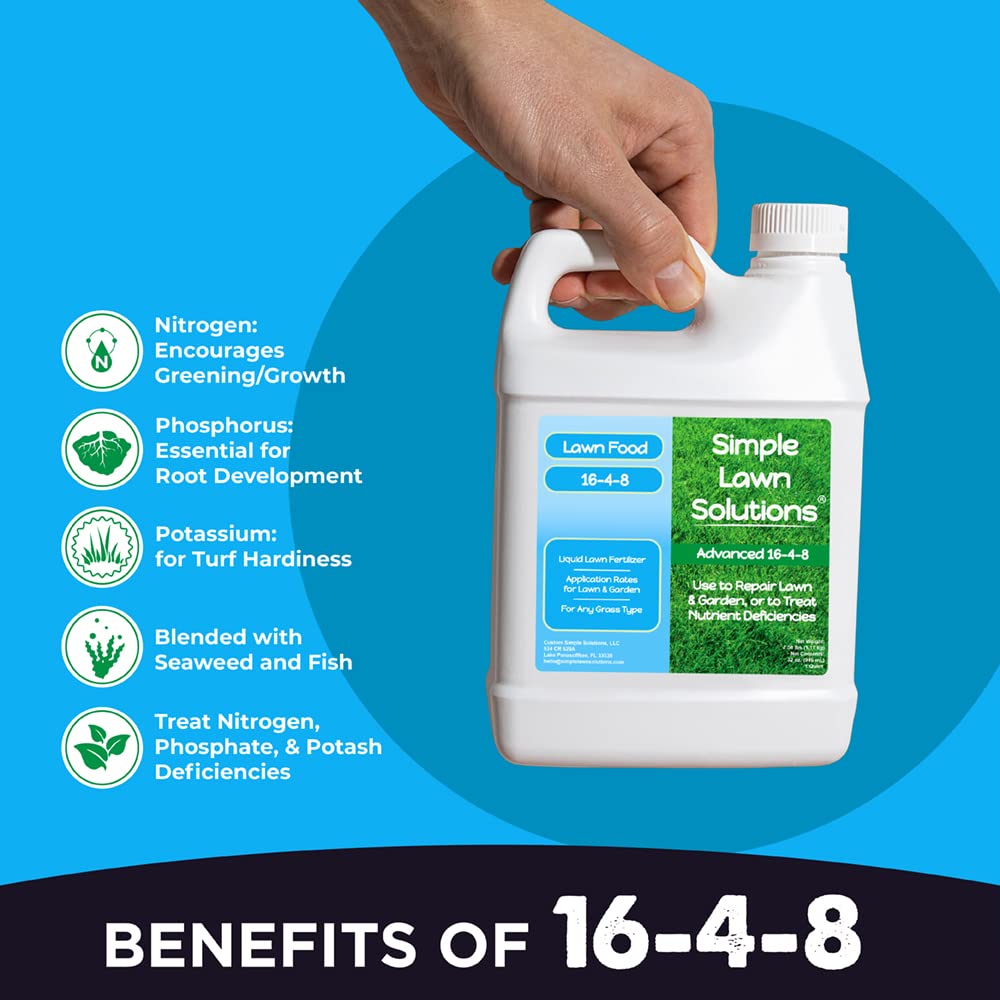Simple Lawn Solutions detalle de etiqueta indicando NPK 16-4-8 y beneficios