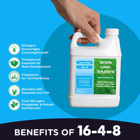 Simple Lawn Solutions detalle de etiqueta indicando NPK 16-4-8 y beneficios