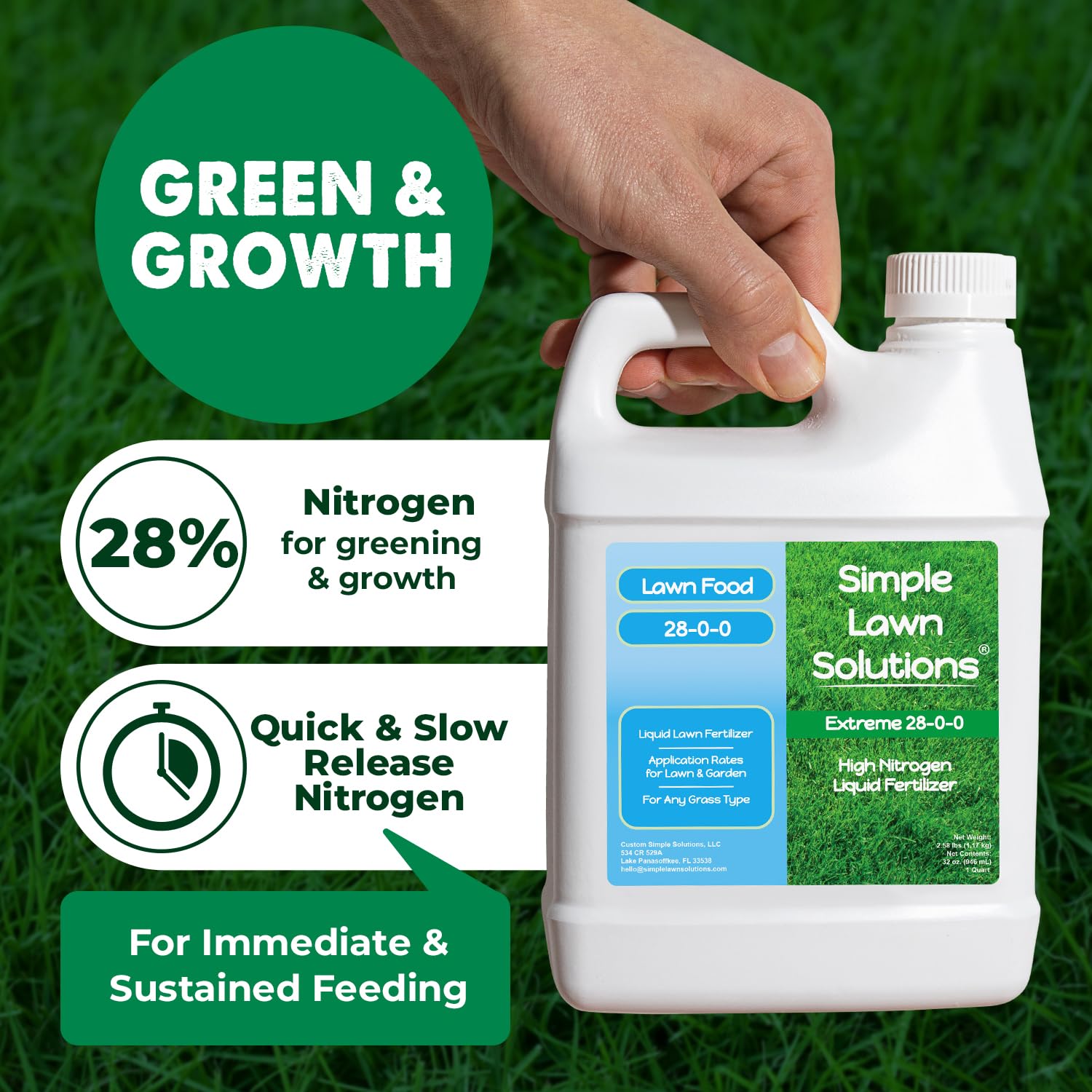 Simple Lawn Solutions etiqueta con NPK 28-0-0 y detalles, aclara composición y uso