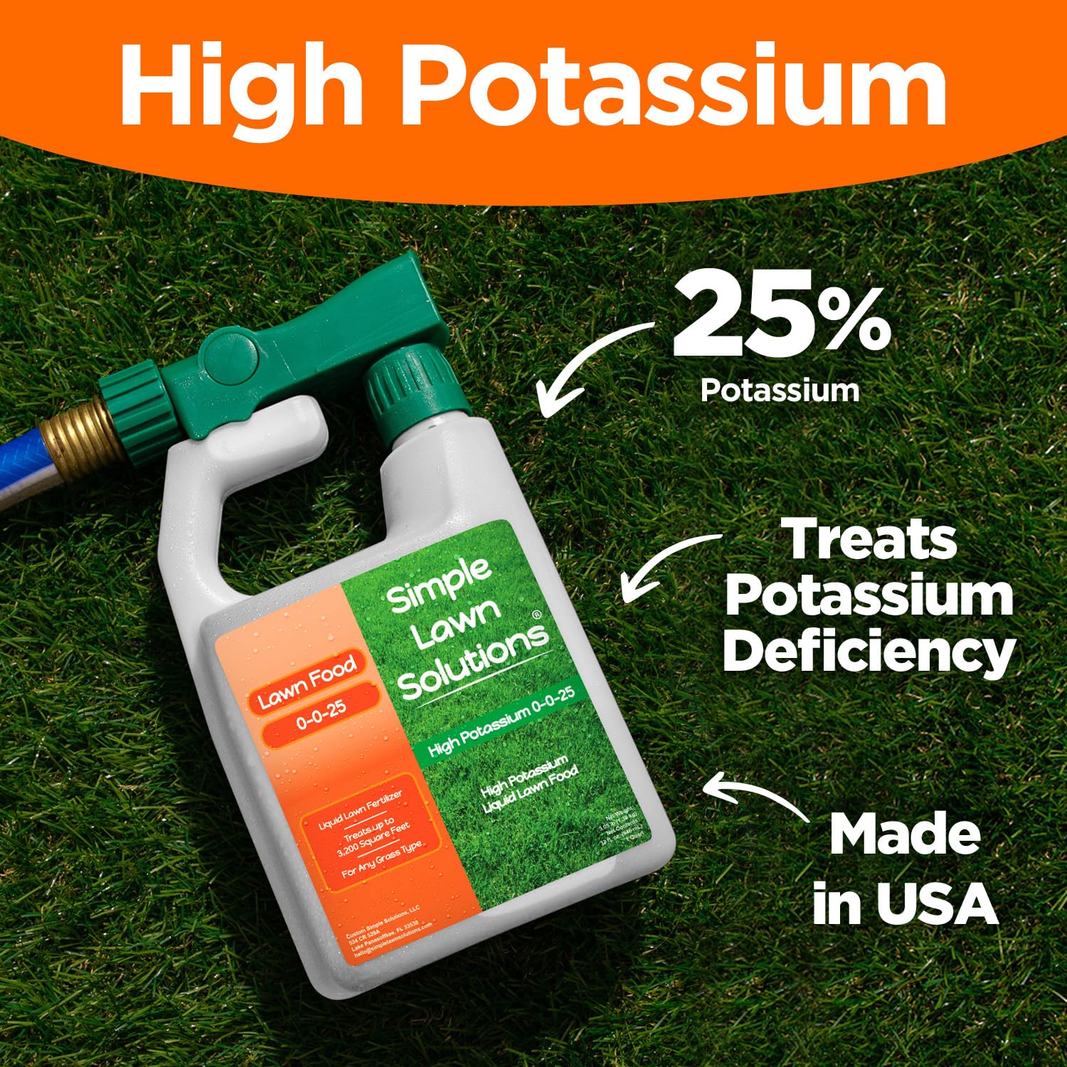 Simple Lawn Solutions etiqueta NPK destacando 0-0-25 y potasio, información clara