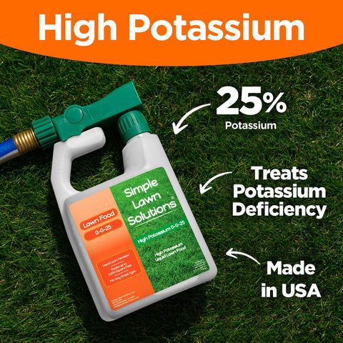 Simple Lawn Solutions etiqueta NPK destacando 0-0-25 y potasio, información clara