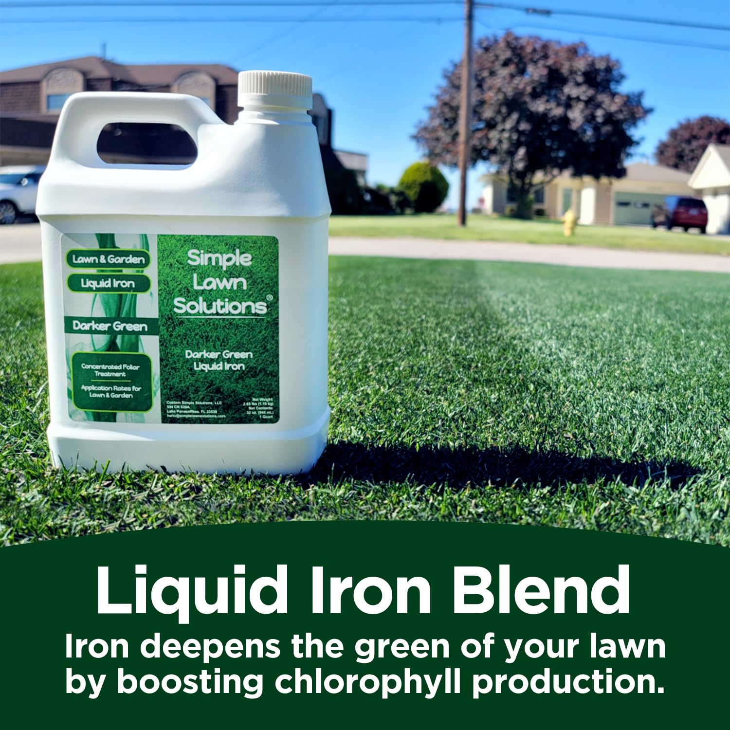 Simple Lawn Solutions frasco sostenido en mano para apreciar tamaño y escala