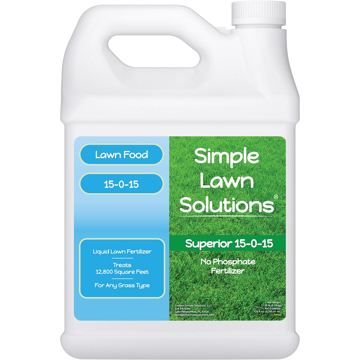 Simple Lawn Solutions botella frontal 1 galón mostrando etiqueta y cobertura