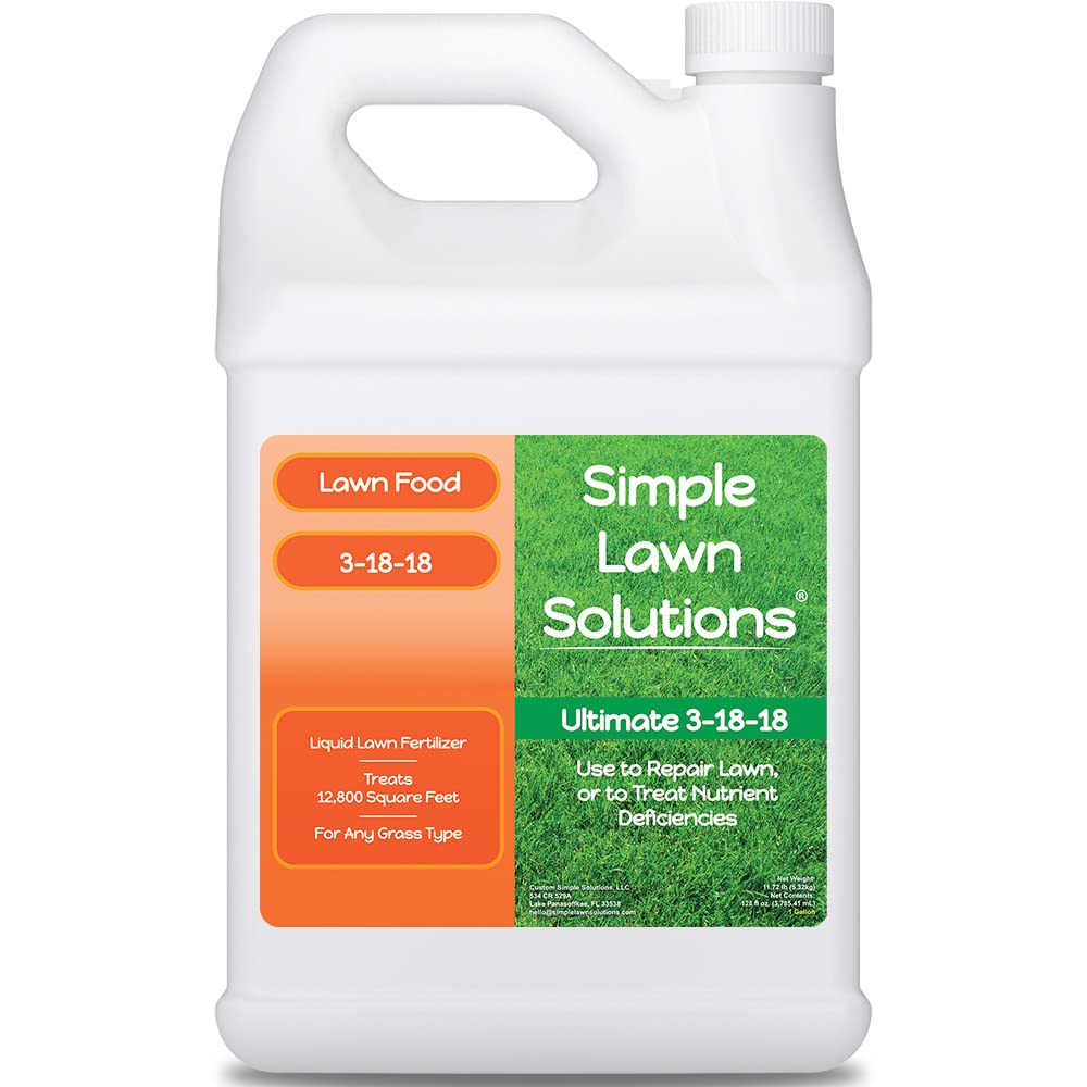 Simple Lawn Solutions envase frontal mostrando etiqueta y galón, facilita elección