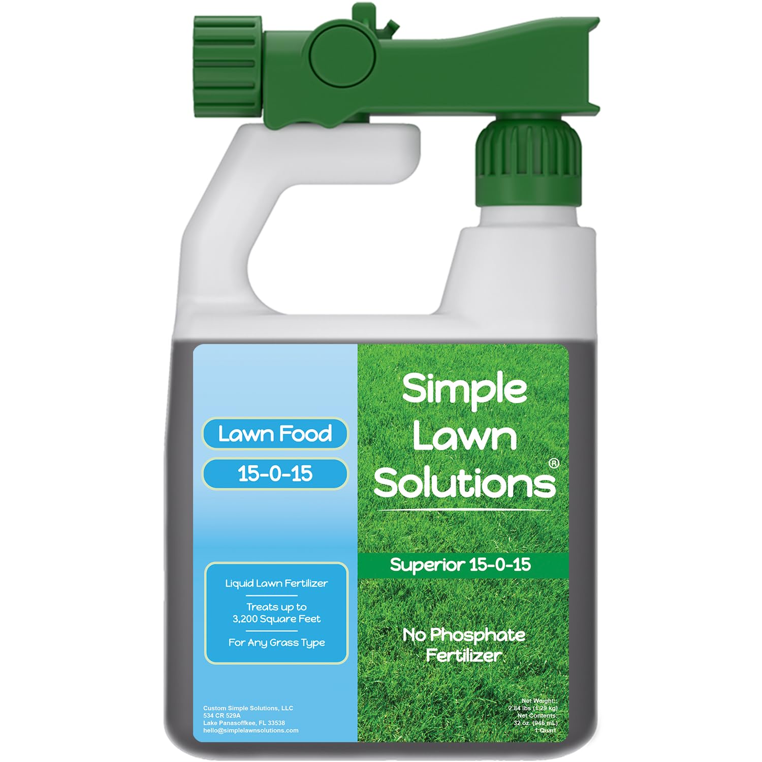 Simple Lawn Solutions frasco frontal mostrando etiqueta y volumen, facilita identificación
