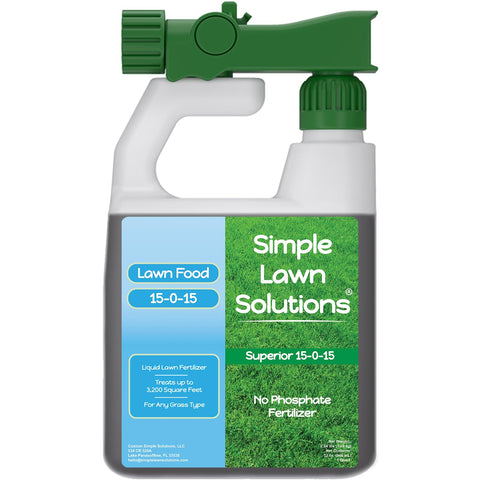 Simple Lawn Solutions frasco frontal mostrando etiqueta y volumen, facilita identificación