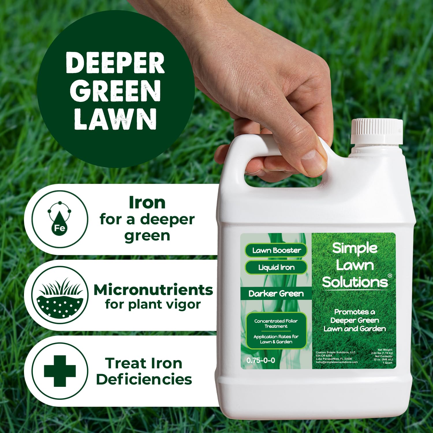 Simple Lawn Solutions líquido oscuro en gotero mostrando su consistencia concentrada