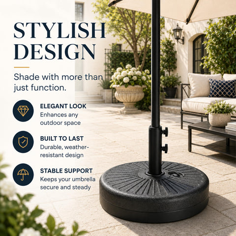 SimpleLux base en uso sobre patio sujetando una sombrilla con firmeza