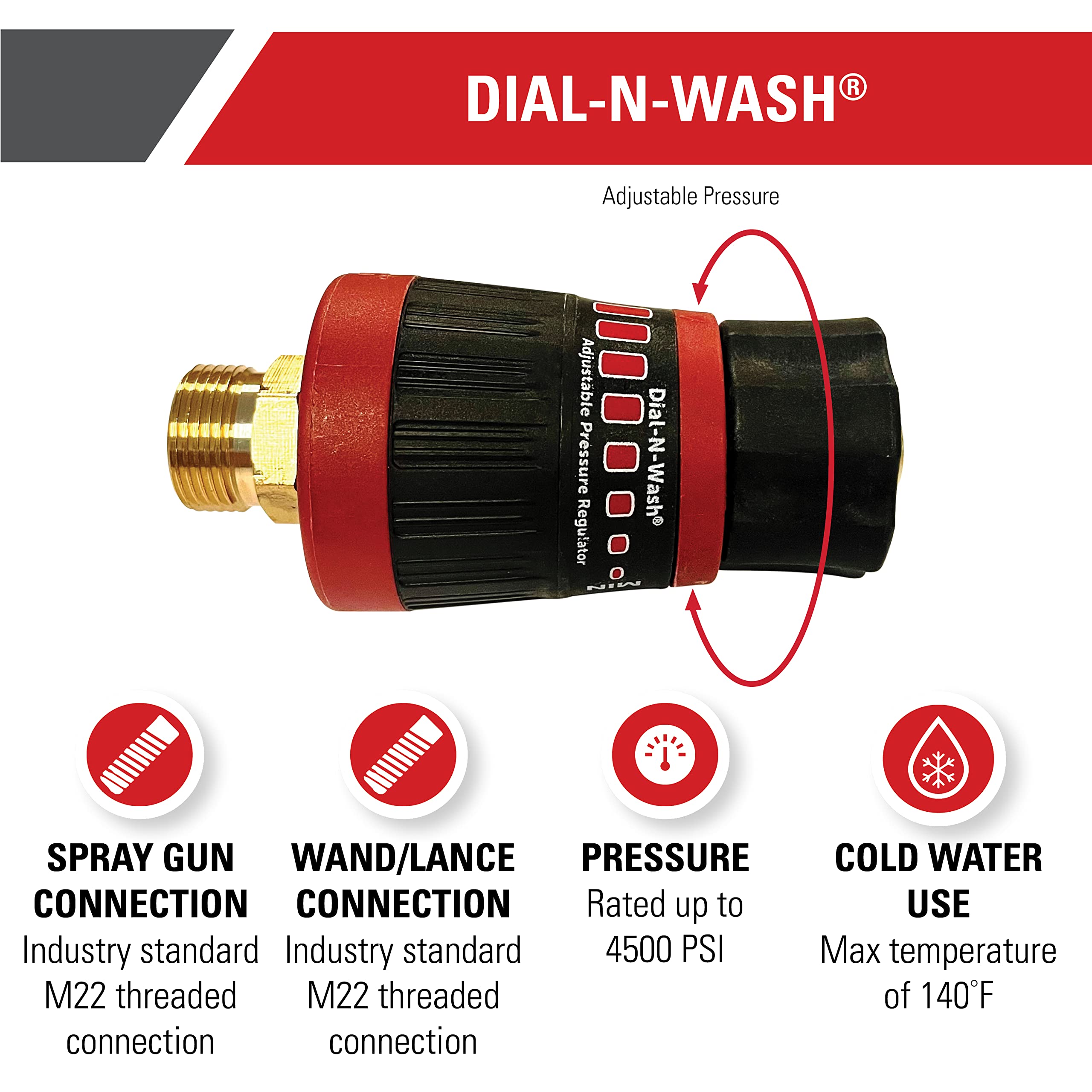 SIMPSON detalle del dial ajustable con marcadores Min Medium Max para precisión