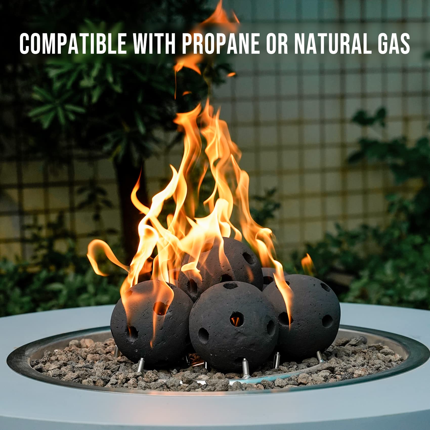 Skyflame bola junto a una regla para comparar tamaño y profundidad de calor