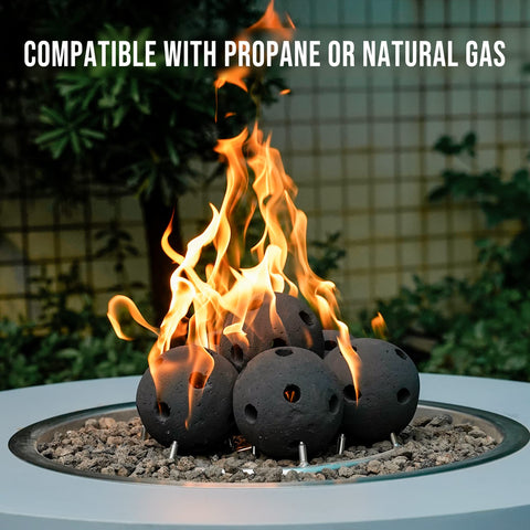 Skyflame bola junto a una regla para comparar tamaño y profundidad de calor