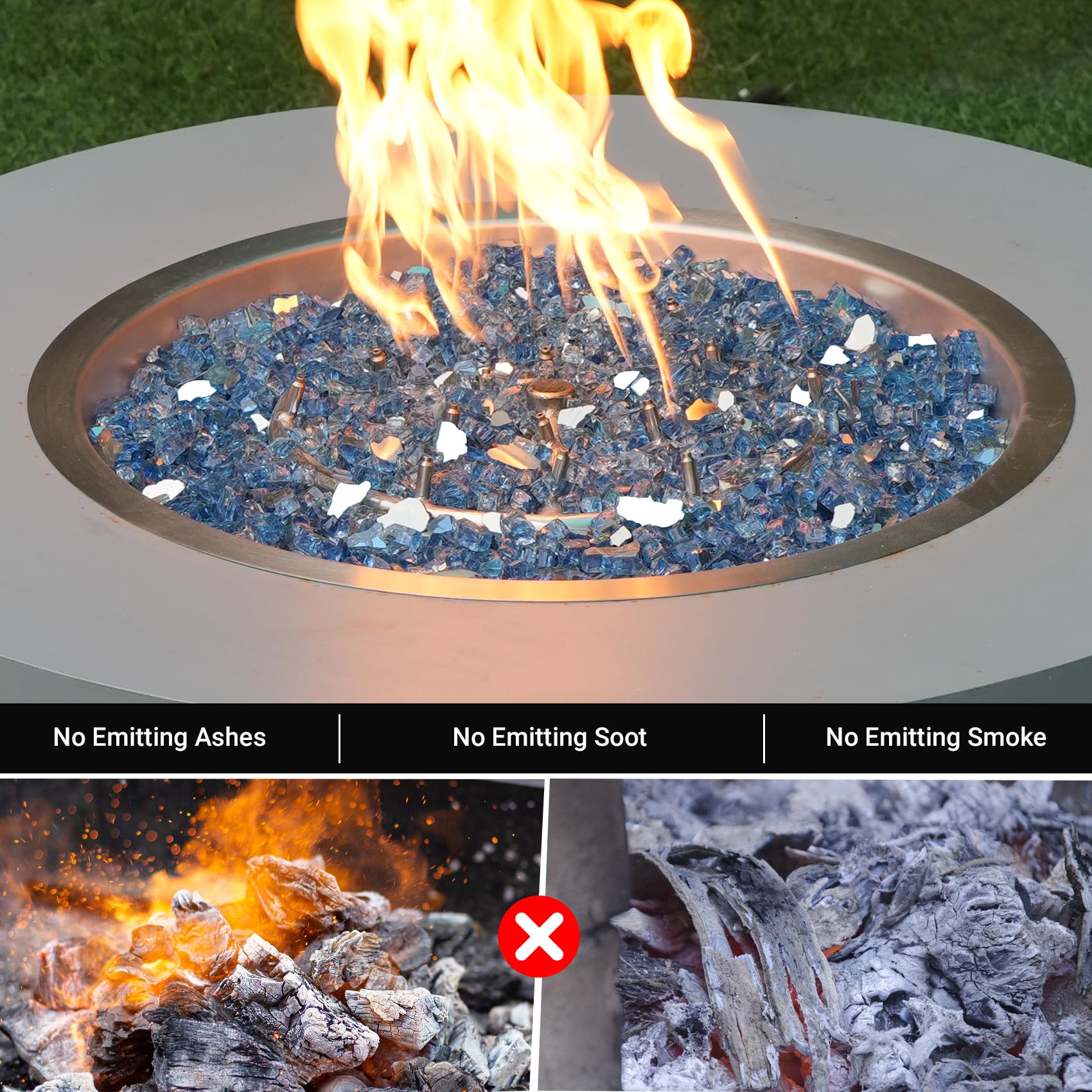 Skyflame en uso en fire pit nocturno creando llamas más vivas y ambiente acogedor