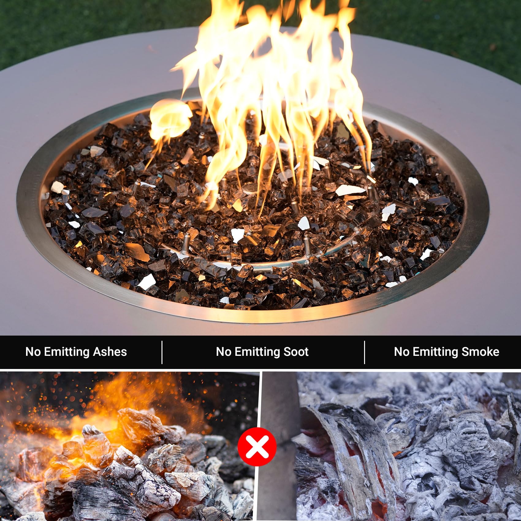 Skyflame piezas en un fire pit mostrando llamas realzadas y efecto luminoso