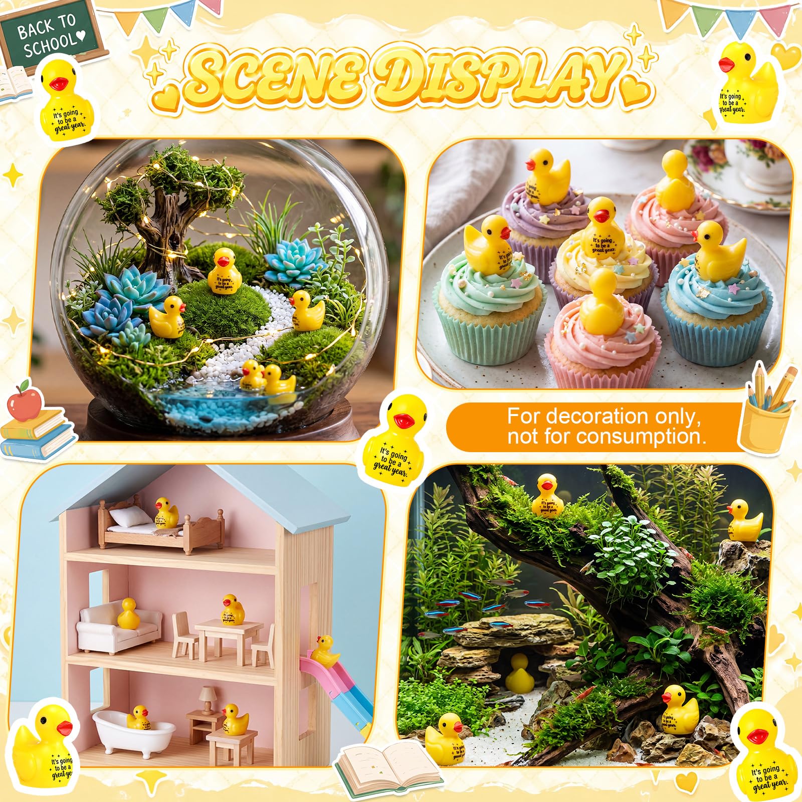 Skylety patito como decoración en pupitre para ambiente alegre