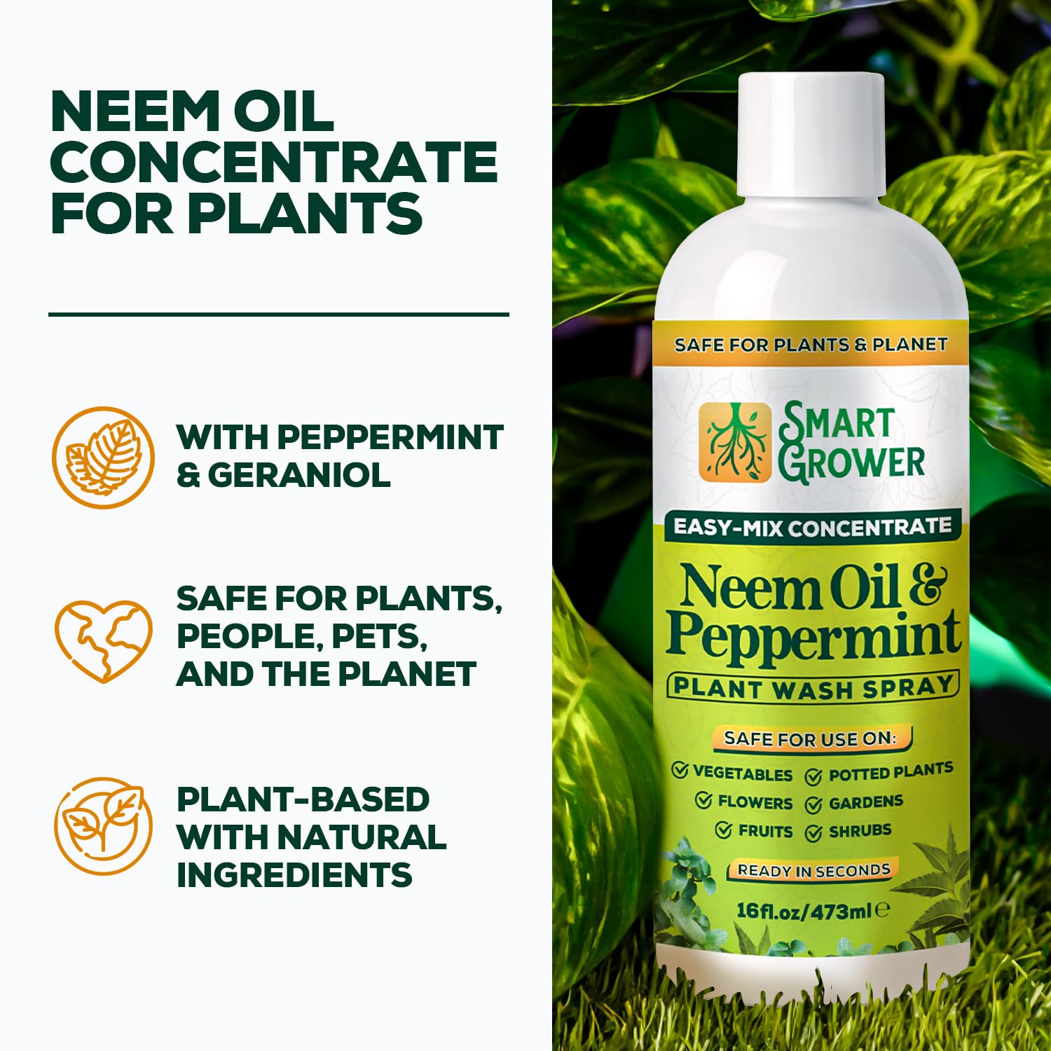 Smart Grower etiqueta con ingredientes, muestra neem y aceites esenciales claros