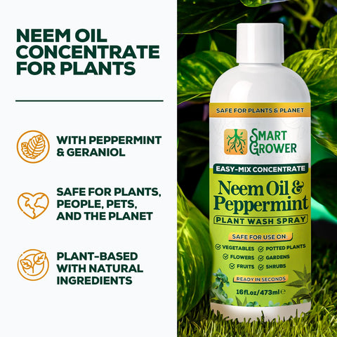 Smart Grower etiqueta con ingredientes, muestra neem y aceites esenciales claros