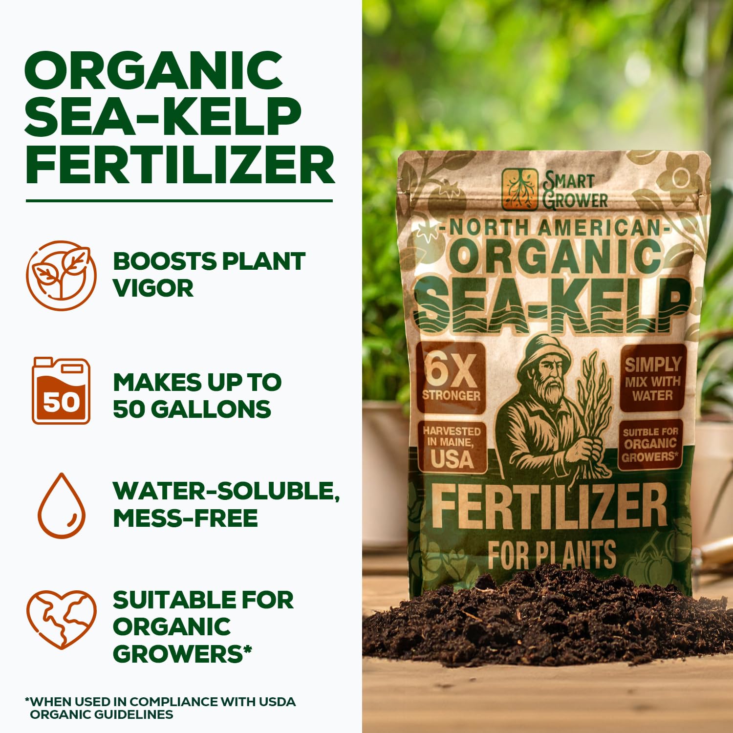 Smart Grower polvo de kelp detalle de textura fácil disolución