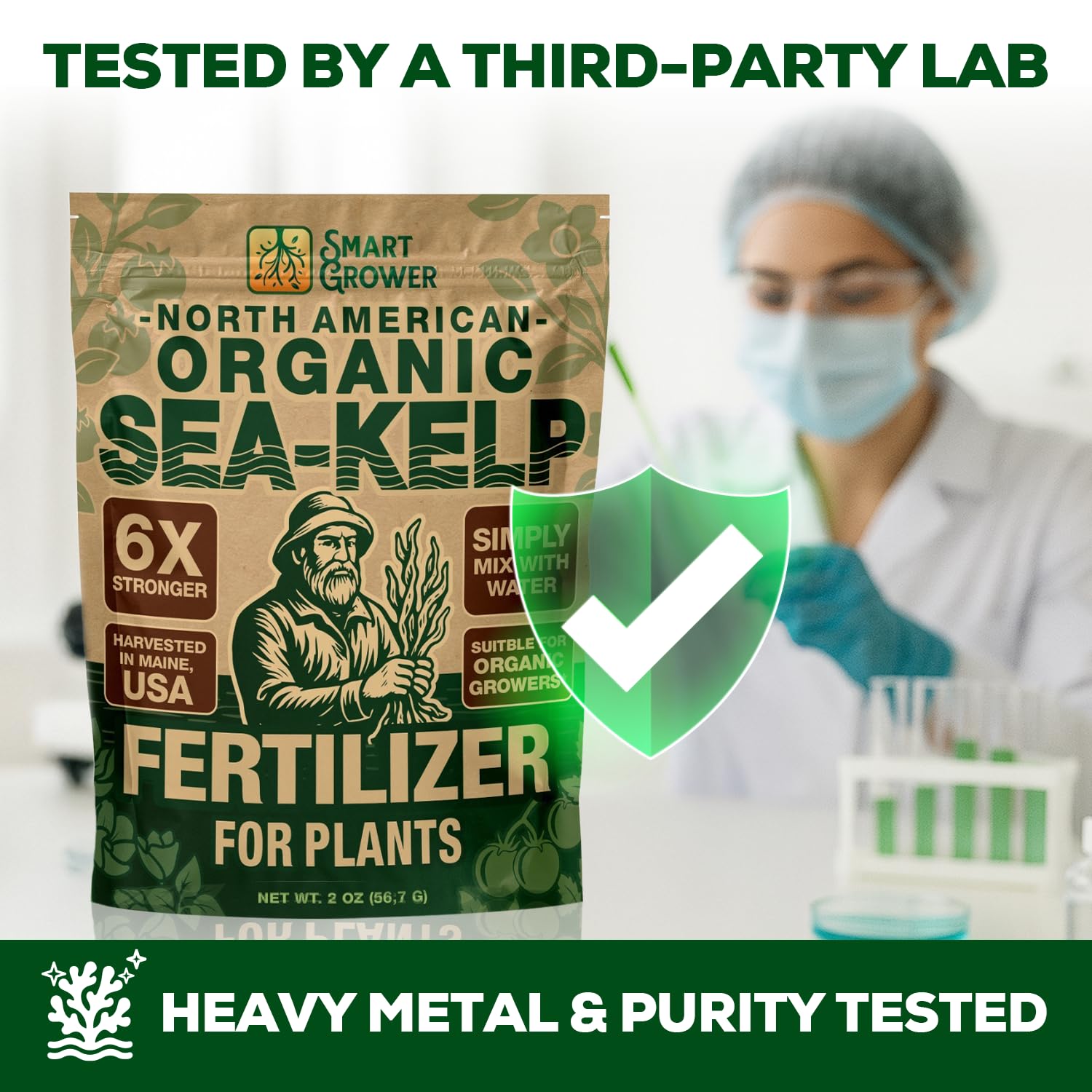 Smart Grower etiqueta con NPK 0-0-18 y lista de ingredientes orgánicos