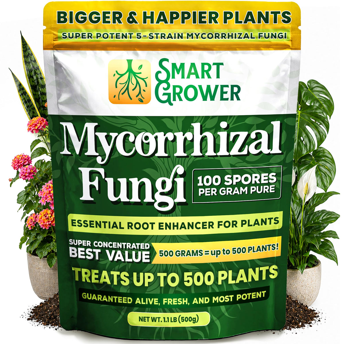 Smart Grower frente del paquete mostrando contenido y beneficio de esporas activas